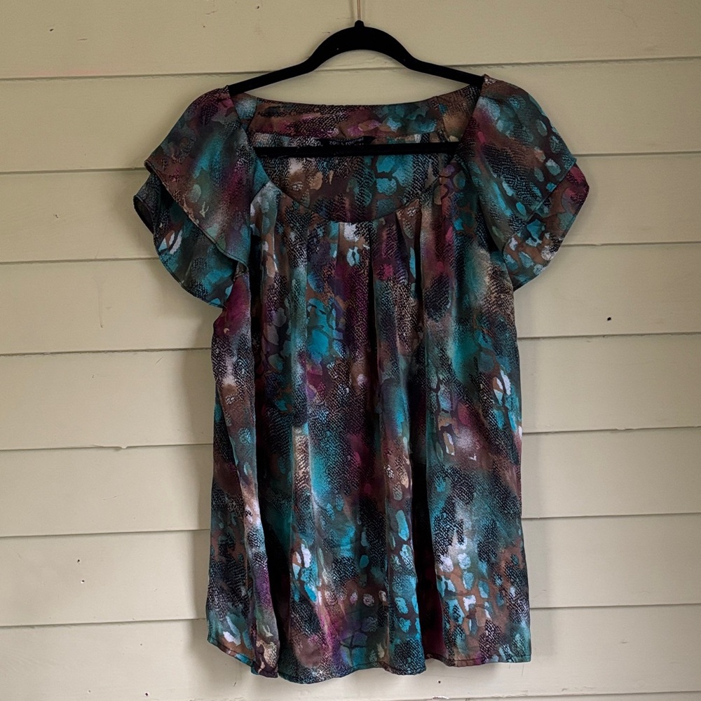 Zac & Rachel Teal and Brown Patterned Blouse